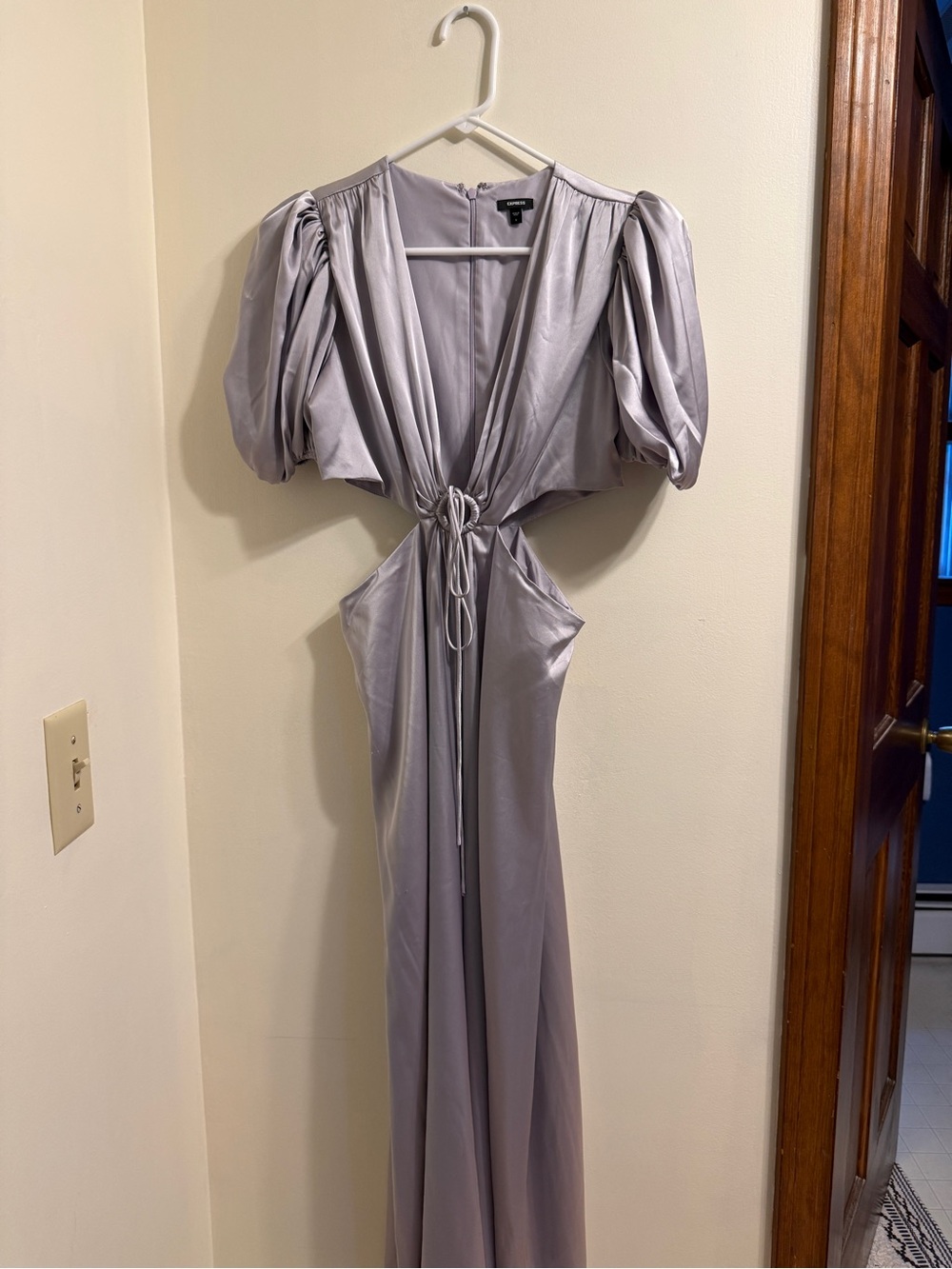 Express Lavender-Taupe Satin Maxi Dress with Puff Sleeves